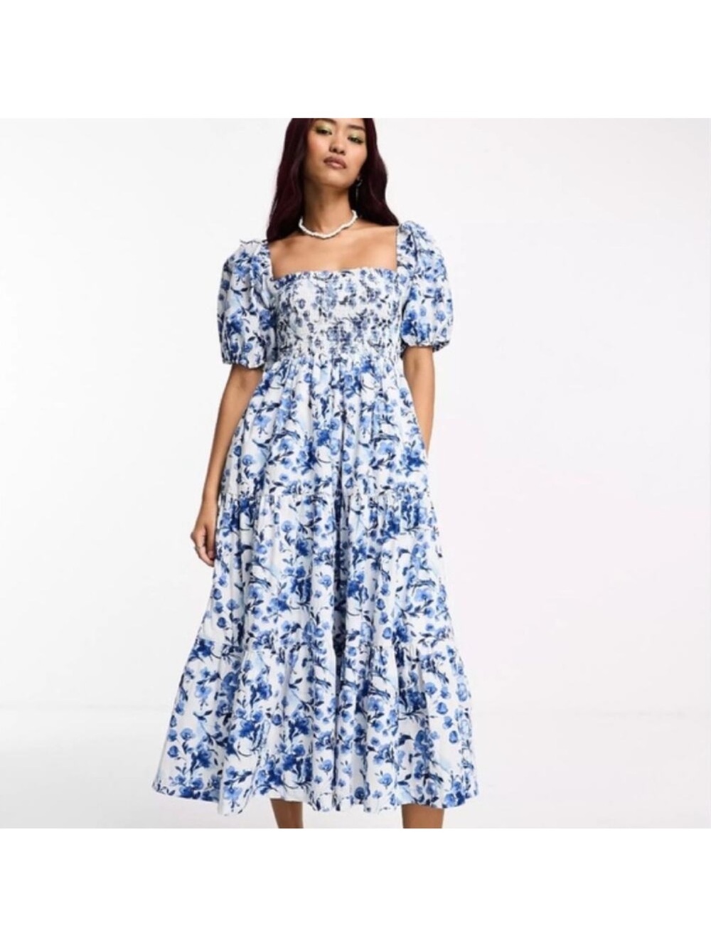 Abercrombie & Fitch Blue Floral Puff-Sleeve Midi Dress